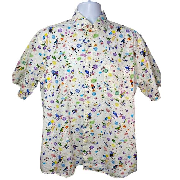 Alan Flusser Button-Up Shirt Men’s Size Large Short Sleeve Bird Print Cotton - Picture 1 of 8